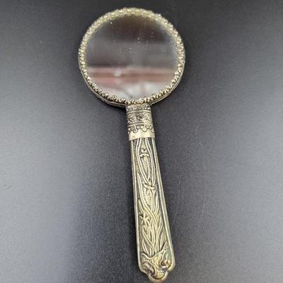 ANTIQUE SMALL SILVER TONED DECORATIVE TRAVEL MIRROR