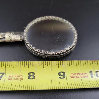 ANTIQUE SMALL SILVER TONED DECORATIVE TRAVEL MIRROR