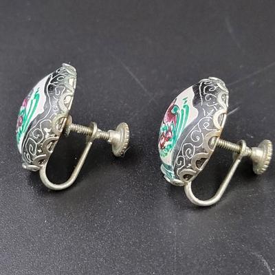 1930s HAND PAINTED ENAMEL CLIP ON EARRINGS