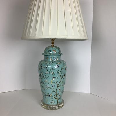 8054 Large Seafoam Green Bird Motif Porcelain 30â€  Temple Jar Table Lamp