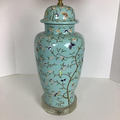 8054 Large Seafoam Green Bird Motif Porcelain 30â€  Temple Jar Table Lamp