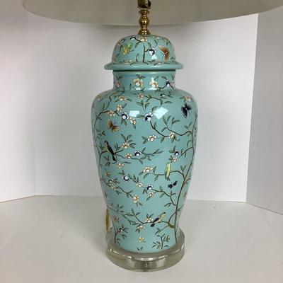 8055 Large Seafoam Green Bird Motif Porcelain 30â€  Temple Jar Table Lamp