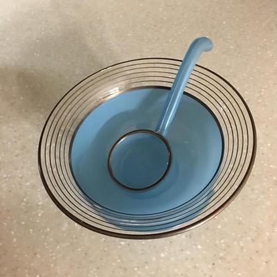 Vintage Westmoreland blue footed gold trim bowl with ladle