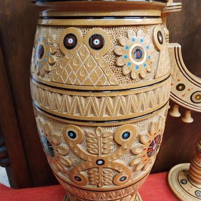 Carved Wood Container & Candle Holder Hand Painted Design