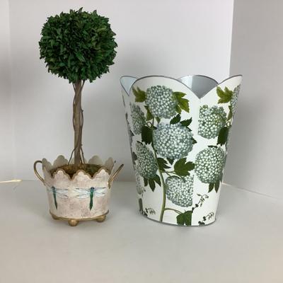 8070 Silk Topiary Tree in Dragonfly Pot and Hydrangea Waste Can