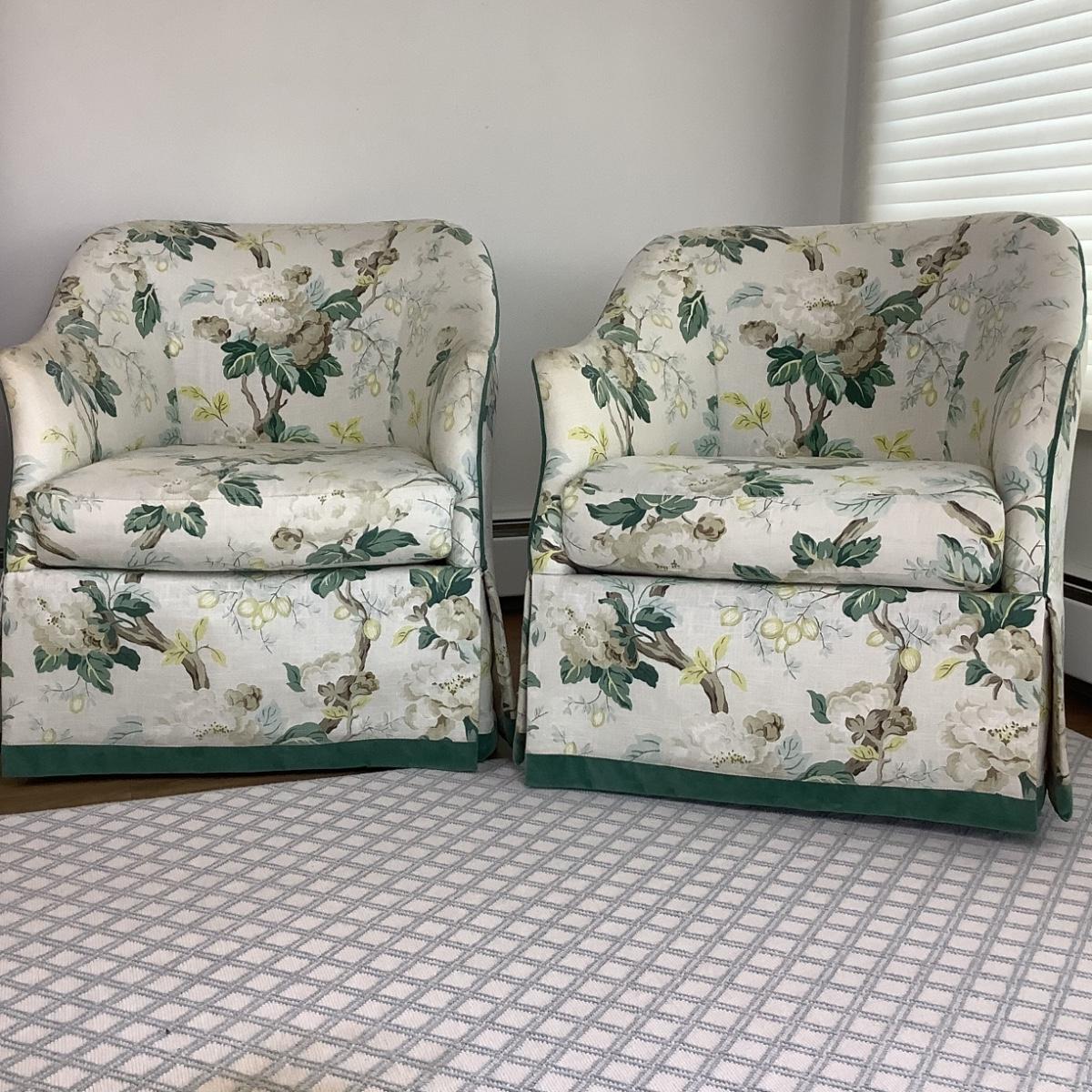 8081 Pair of Wesley Hall Floral Upholstered Swivel Club Chairs
