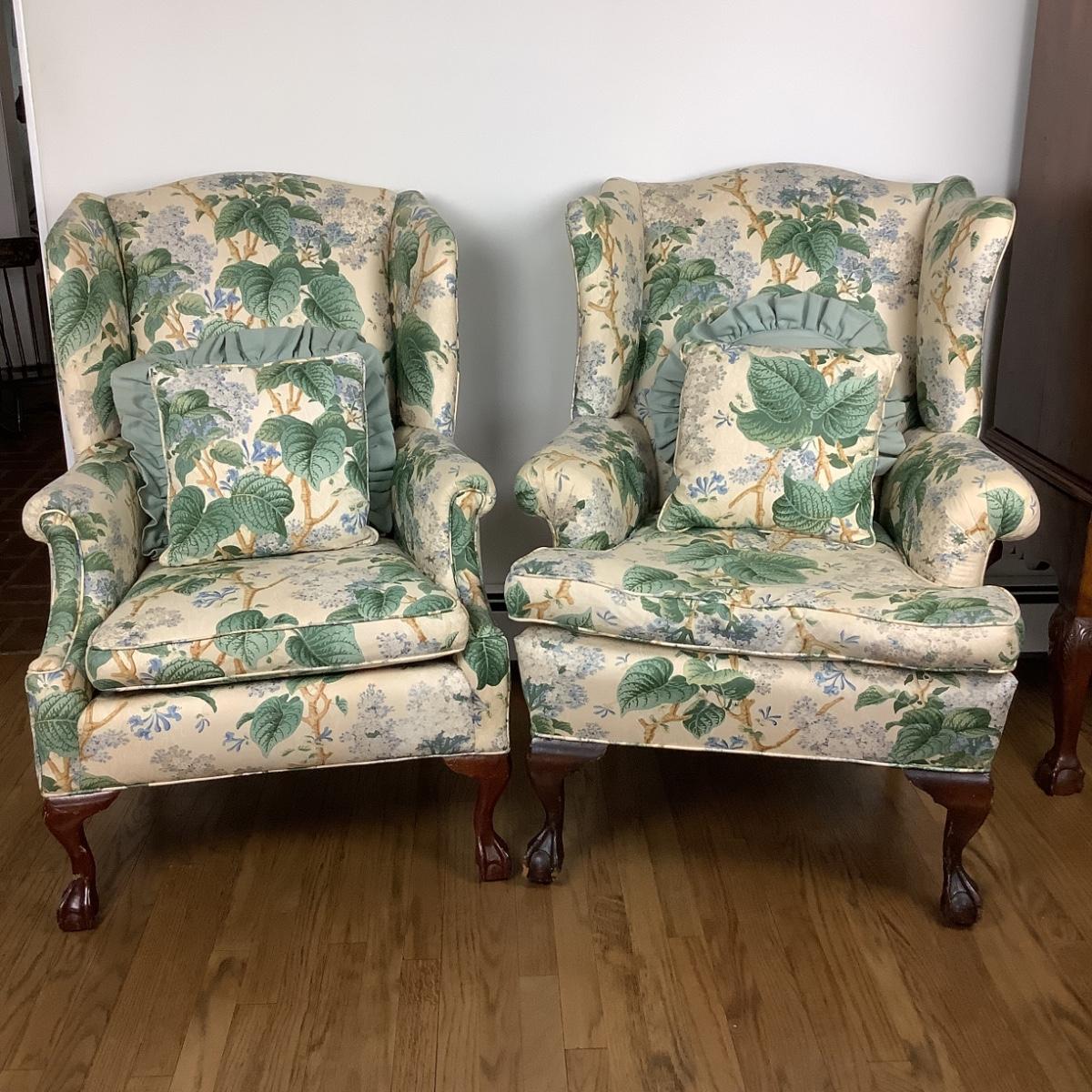 Script Flower Hydrangea Chair 8084 Pair of Floral Hydrangea Wingback Chairs | EstateSales.org