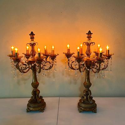 Pair (2) ~ Antiqued Gold Six (6) Lighted Candelabras