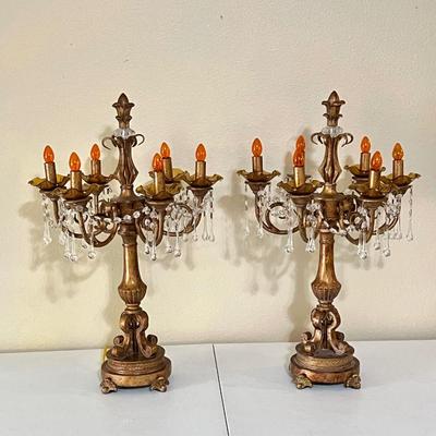 Pair (2) ~ Antiqued Gold Six (6) Lighted Candelabras