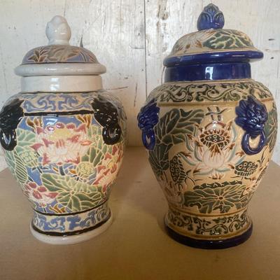 Two oriental pots with removable lids
