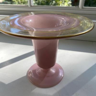 ANTIQUE c. 1920 Westmoreland Glass Pink Case Vase Flared Gold Rim