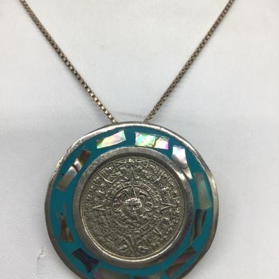 Mexico Abalone Aztec Style Pendant Or Brooch  with Silver 925 Chain