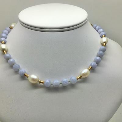 #8305 14K Gold, Freshwater Pearl & Blue Lace Agate 16â€ Necklace