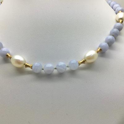 #8305 14K Gold, Freshwater Pearl & Blue Lace Agate 16â€ Necklace