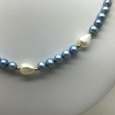 #8308 Blue & White Freshwater Pearl 17â€ Necklace with 14K Beads