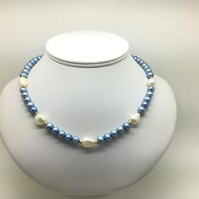 #8308 Blue & White Freshwater Pearl 17â€ Necklace with 14K Beads