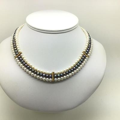#8309 18â€ Triple Strand of Black & White Pearls with 18K Gold Clasp