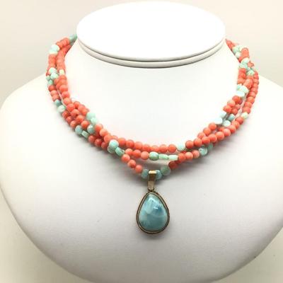 #8310 16â€ Triple Strand Jade & Coral Necklace with 14K Gold Jade Pendant