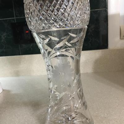 Vintage crystal cut glass saw tooth edge vase etched with flowers and leaves