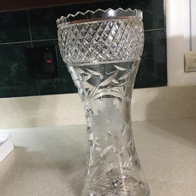 Vintage crystal cut glass saw tooth edge vase etched with flowers and leaves