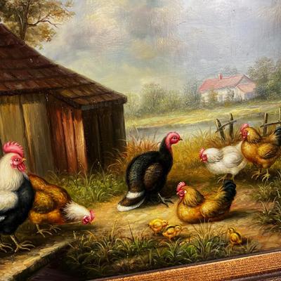 Original Oil Painting, Chickens in the Yard