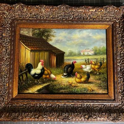 Original Oil Painting, Chickens in the Yard