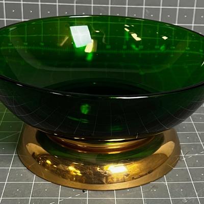 Gorgeous Green Glass Serving Bowl with Gold Base and Etched Stars 