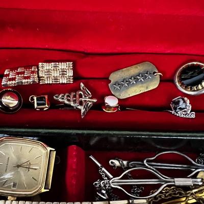 Box of Men's Jewelry; Cuff Links, Watch and tie Clips 
