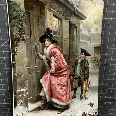 Antique Print on Cardboard, Pink Coat Lady 