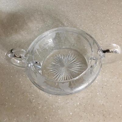 Vintage handled glass sugar bowl etched with grapes and leaves