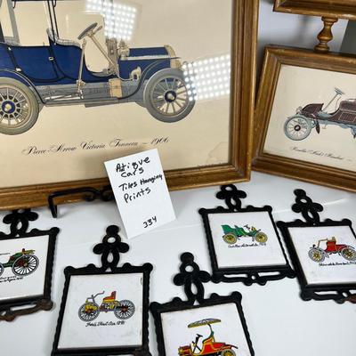 Antique Car lot Homco cast iron wall hanging tiles and  2 framed prints