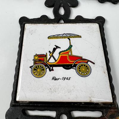 Antique Car lot Homco cast iron wall hanging tiles and  2 framed prints