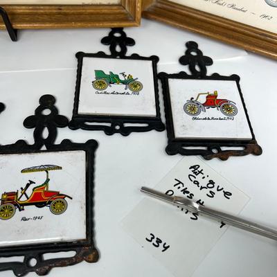 Antique Car lot Homco cast iron wall hanging tiles and  2 framed prints