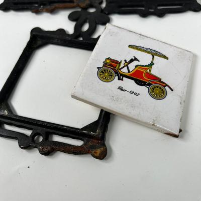 Antique Car lot Homco cast iron wall hanging tiles and  2 framed prints