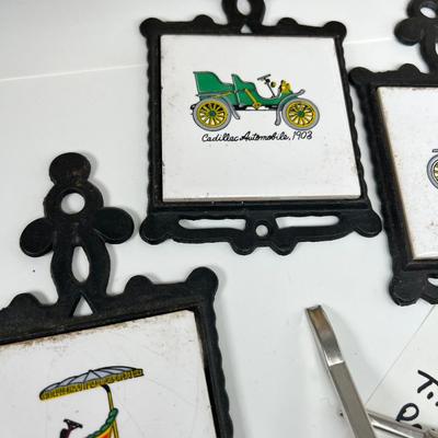 Antique Car lot Homco cast iron wall hanging tiles and  2 framed prints