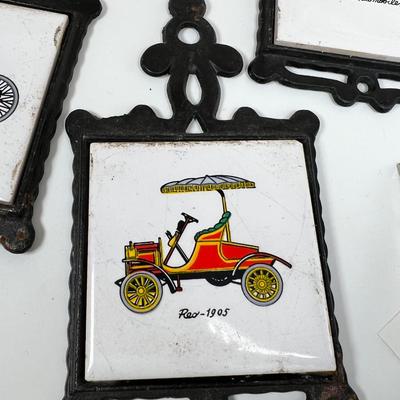 Antique Car lot Homco cast iron wall hanging tiles and  2 framed prints
