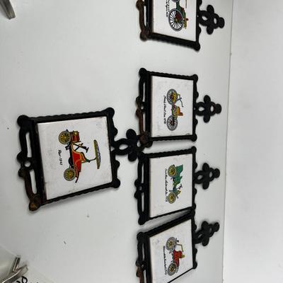 Antique Car lot Homco cast iron wall hanging tiles and  2 framed prints