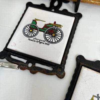 Antique Car lot Homco cast iron wall hanging tiles and  2 framed prints