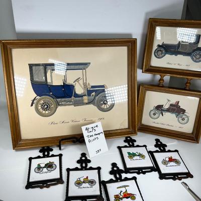 Antique Car lot Homco cast iron wall hanging tiles and  2 framed prints