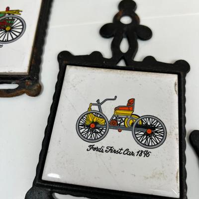 Antique Car lot Homco cast iron wall hanging tiles and  2 framed prints