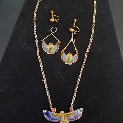 Stunning Winged Goddess Enamel Necklace and Earrings