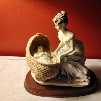 Resin Mother and Baby Statue on Wood Base