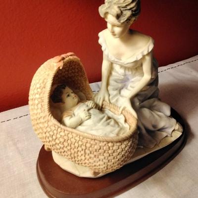 Resin Mother and Baby Statue on Wood Base