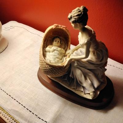 Resin Mother and Baby Statue on Wood Base