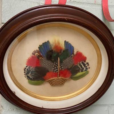 Antique Victorian Folk Art FEATHERS Mixed Media Basket of Flowers Shadow Box
