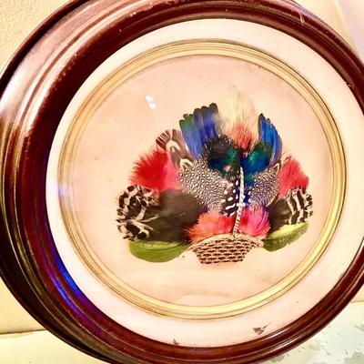 Antique Victorian Folk Art FEATHERS Mixed Media Basket of Flowers Shadow Box