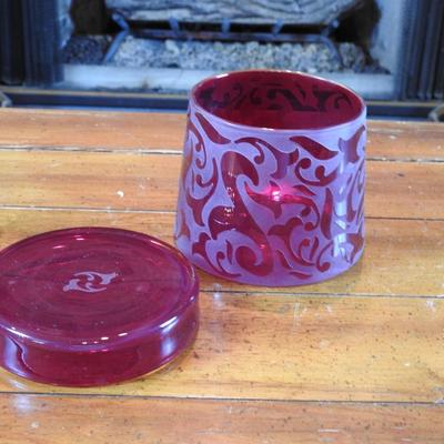 Beautiful cranberry glass lidded jar