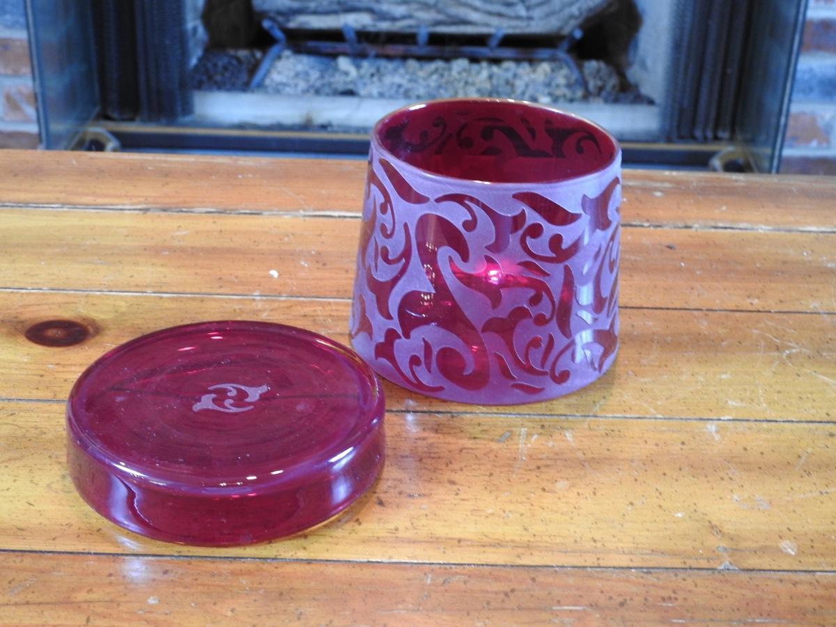 Beautiful cranberry glass lidded jar
