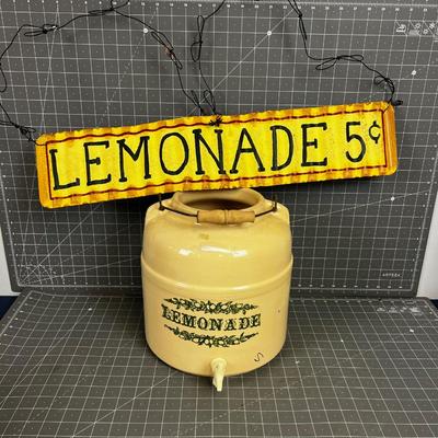 Lemonade Crock with Tin Lemonade Sign 