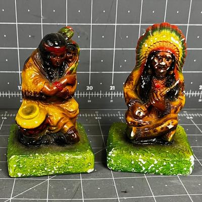 Native American Woman with Baby and Man Statues 30's Chalkware